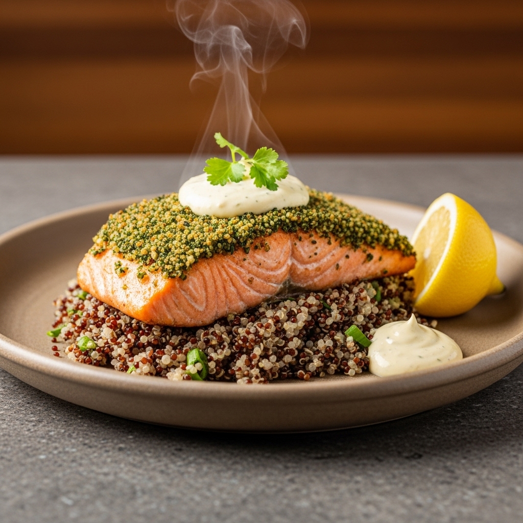 Mediterranean Herb-Crusted Salmon with Quinoa Pilaf and Zesty Lemon-Garlic Aioli 🌊🍽️